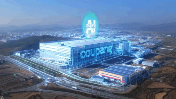 Bird's-eye view of a Coupang logistics center featuring AI-integrated logistics